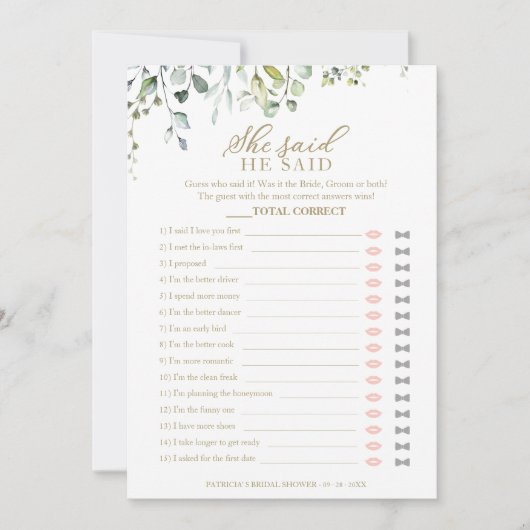 Greenery Vrijgezellenfeest zei dat ze Game zei Kaart (Voorkant)