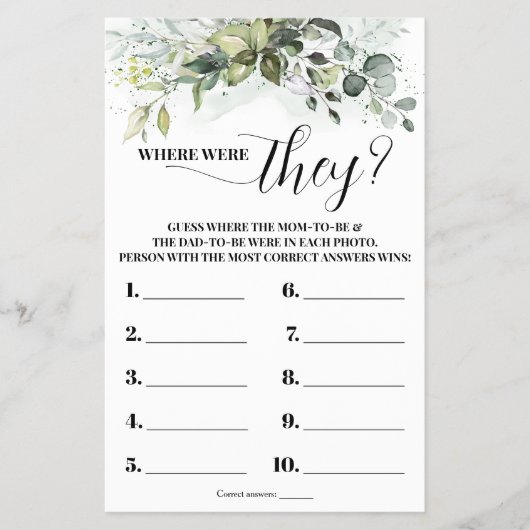 Greenery Waar waren ze Baby shower Game Kaart (Voorkant)