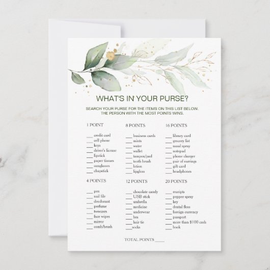 Greenery Wat zit er in je Purse Vrijgezellenfeest  Kaart (Voorkant)