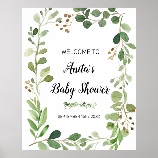 Greenery Waterverf Baby shower Welkomstteken Poster (Voorkant)