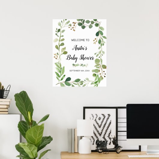 Greenery Waterverf Baby shower Welkomstteken Poster (Thuiskantoor)