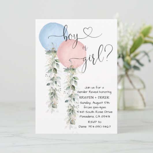 Greenery Waterverf Balloons Gender onthulling Invi Kaart (Staand voorkant)