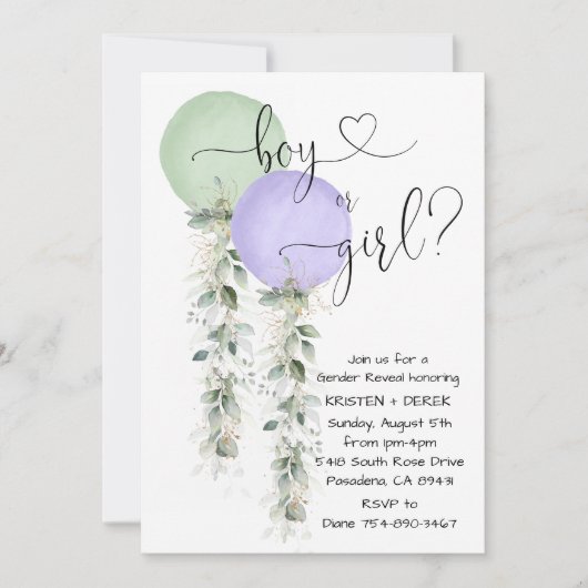 Greenery Waterverf Balloons Gender onthulling Invi Kaart (Voorkant)
