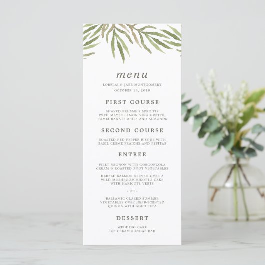 Greenery | Waterverf Botanical Wedding Menu Kaart (Staand voorkant)