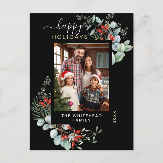 Greenery Waterverf Elegant Black Feestdagenkaart (Voorkant)