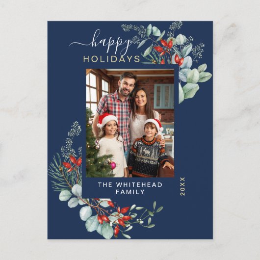 Greenery Waterverf Elegant Navy Blue Feestdagenkaart (Voorkant)