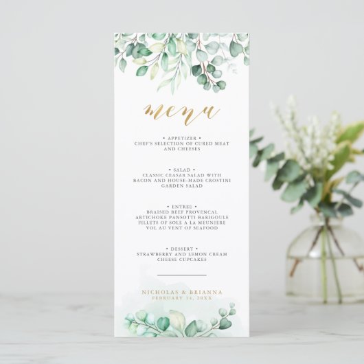 Greenery Waterverf Eucalyptus Gold Wedding Dinner Menu (Staand voorkant)