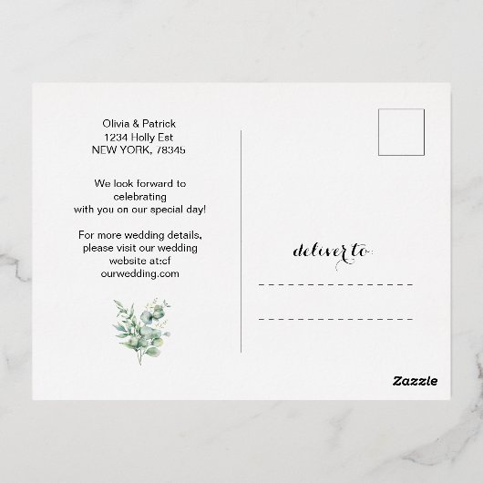 Greenery waterverf eucalyptus met fotofolie in folie uitnodiging briefkaart (Achterkant)