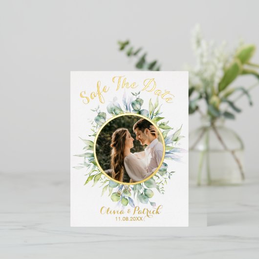 Greenery waterverf eucalyptus met fotofolie in folie uitnodiging briefkaart (Staand Voorkant)