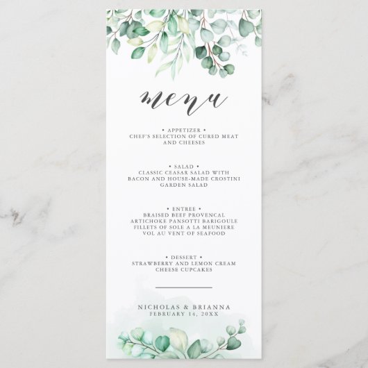 Greenery Waterverf Eucalyptus Wedding Dinner Menu (Voorkant)