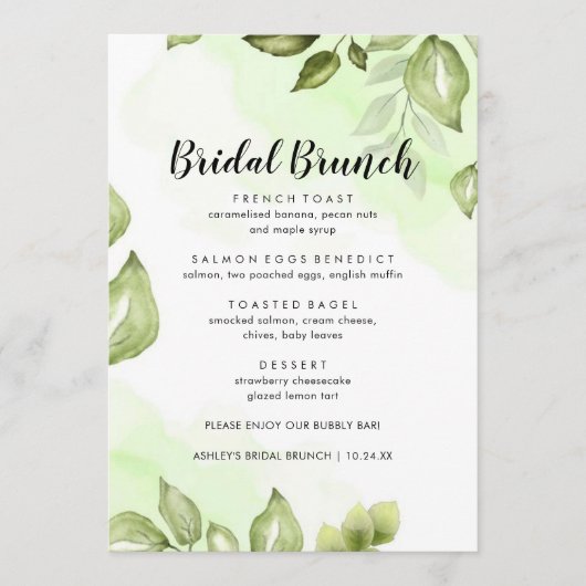 Greenery Waterverf Floral Bridal Brunch Menu (Voorkant)