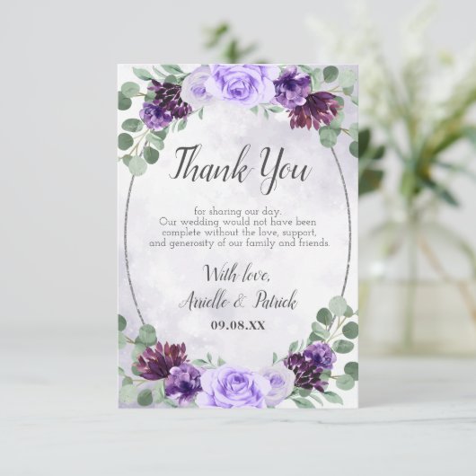 Greenery Waterverf Floral Paars Elegant Wedding Bedankkaart (Staand voorkant)