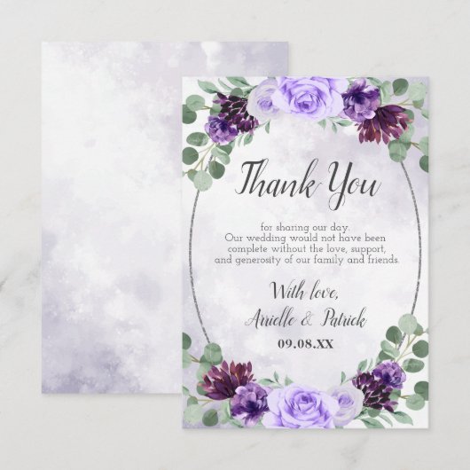 Greenery Waterverf Floral Paars Elegant Wedding Bedankkaart (Voorkant / Achterkant)