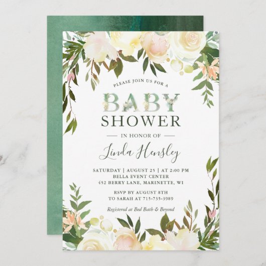 Greenery Waterverf Floral Typography Baby shower Kaart (Voorkant / Achterkant)