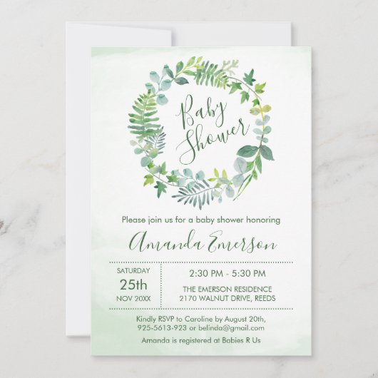 Greenery Waterverf Foliage Botanisch Baby shower Kaart (Voorkant)