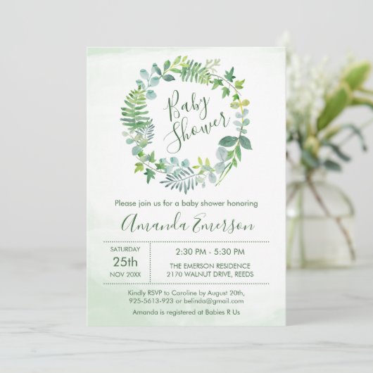 Greenery Waterverf Foliage Botanisch Baby shower Kaart (Staand voorkant)
