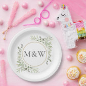 Greenery Waterverf Foliage Monogram Initialen Papieren Bordje (Feest)