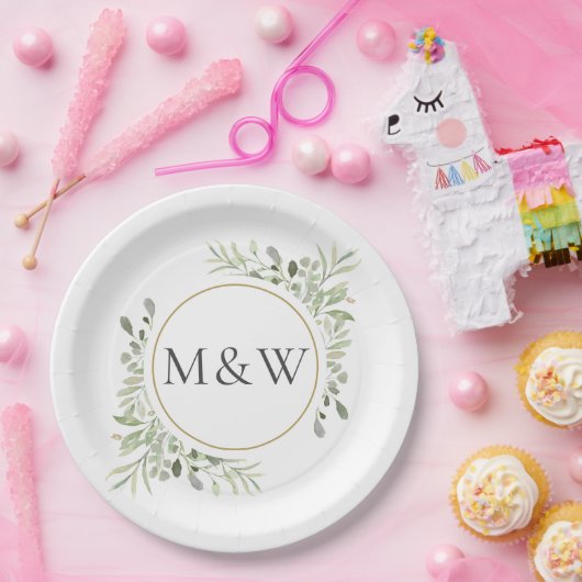 Greenery Waterverf Foliage Monogram Initialen Papieren Bordje (Feest)