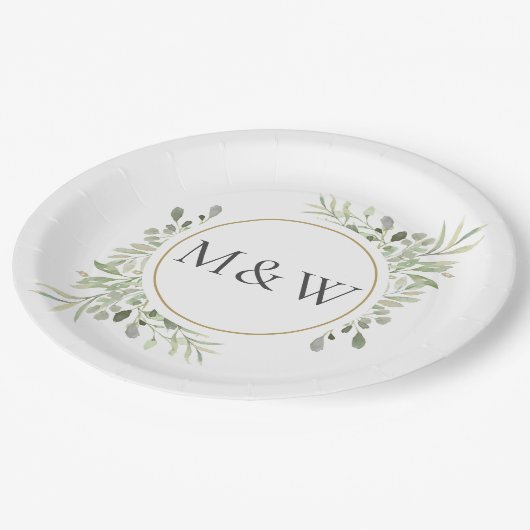 Greenery Waterverf Foliage Monogram Initialen Papieren Bordje (Gekanteld)