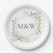 Greenery Waterverf Foliage Monogram Initialen Papieren Bordje (Voorkant)