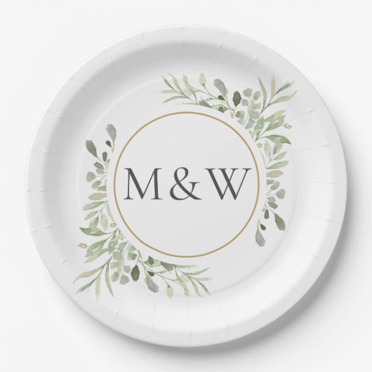Greenery Waterverf Foliage Monogram Initialen Papieren Bordje (Voorkant)