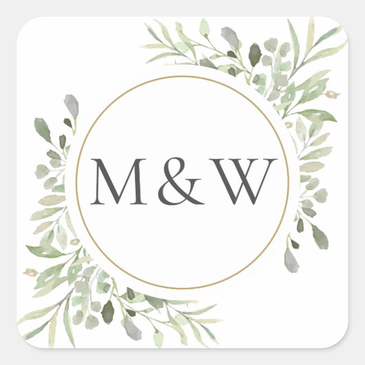 Greenery Waterverf Foliage Monogram Initialen Vierkante Sticker (Voorkant)