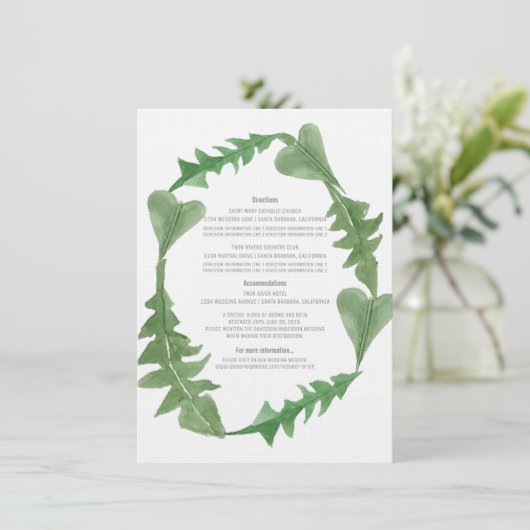 Greenery Waterverf Foliage Wedding Info Kaart (Staand voorkant)