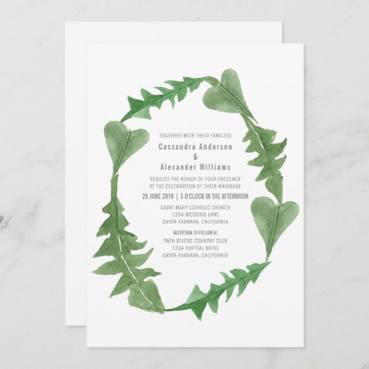 Greenery Waterverf Foliage Wedding Invite Kaart (Voorkant / Achterkant)