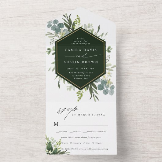 Greenery Waterverf Gold Hexagon Wedding All In One Uitnodiging (Binnen)