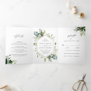 Greenery Waterverf Gold Hexagon Wedding Foto Drieluik Uitnodiging