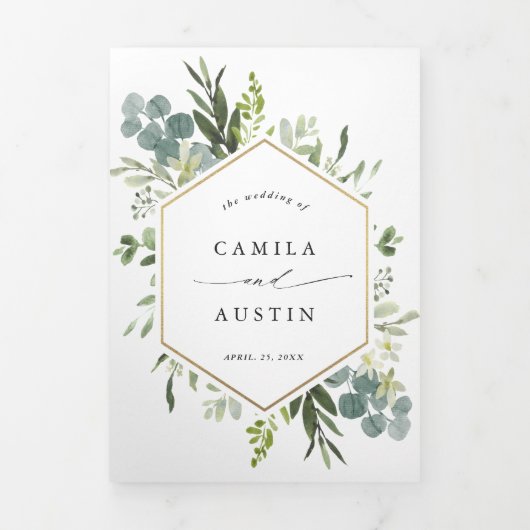 Greenery Waterverf Gold Hexagon Wedding Foto Drieluik Uitnodiging (Cover)
