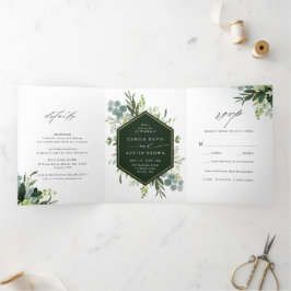 Greenery Waterverf Gold Hexagon Wedding Foto Drieluik Uitnodiging