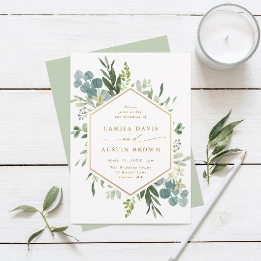 Greenery Waterverf Gold Hexagon Wedding Kaart