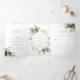 Greenery Waterverf Gold Script Weddenfoto Drieluik Uitnodiging