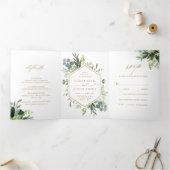 Greenery Waterverf Gold Script Weddenfoto Drieluik Uitnodiging (Binnen)