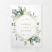 Greenery Waterverf Gold Script Weddenfoto Drieluik Uitnodiging (Cover)