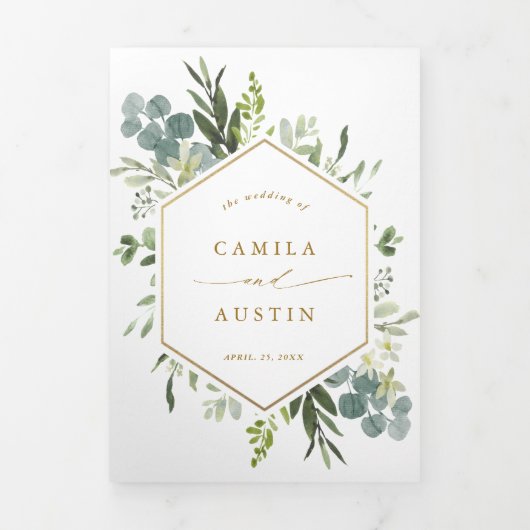 Greenery Waterverf Gold Script Weddenfoto Drieluik Uitnodiging (Cover)