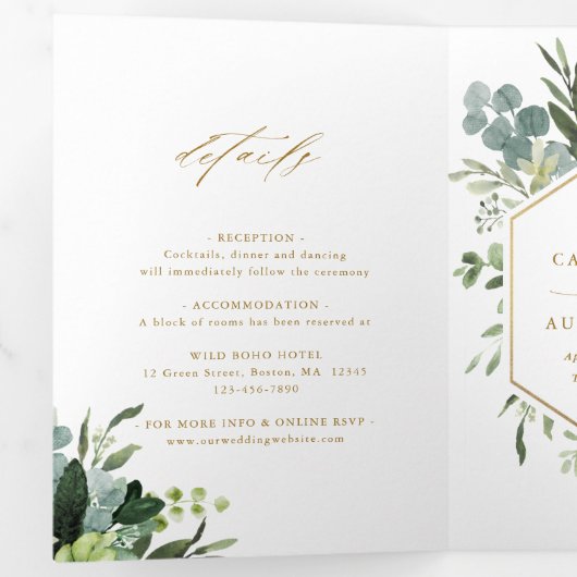 Greenery Waterverf Gold Script Weddenfoto Drieluik Uitnodiging (Binnenzijde eerst)