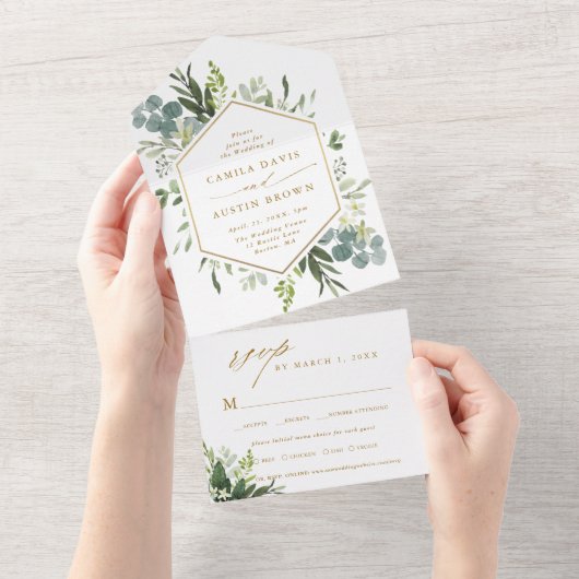 Greenery Waterverf Hexagon Wedding Gold All In One Uitnodiging (Afscheurbaar)