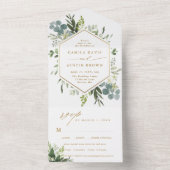 Greenery Waterverf Hexagon Wedding Gold All In One Uitnodiging (Binnen)