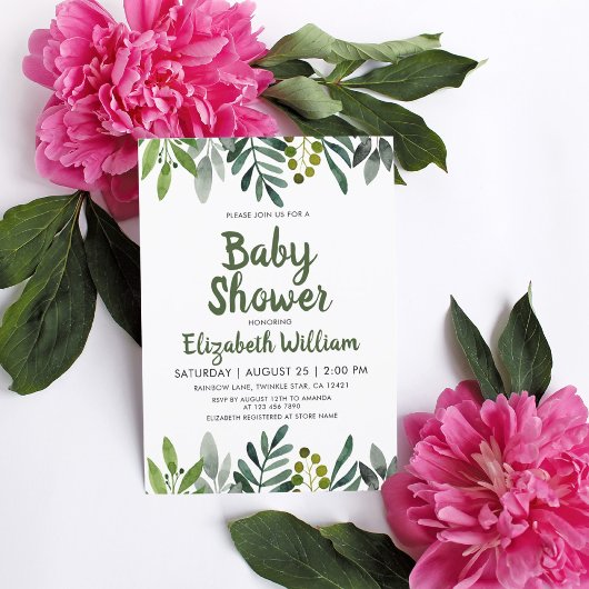 Greenery Waterverf laat botanisch Baby shower over Kaart