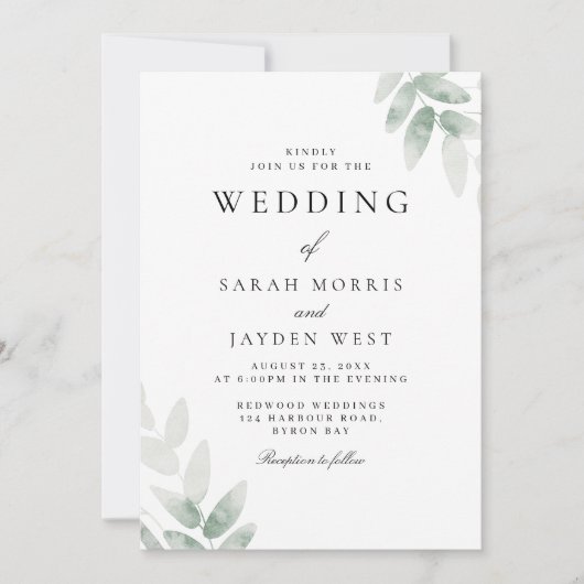 Greenery Waterverf laat elegante bruiloft achter Kaart (Voorkant)