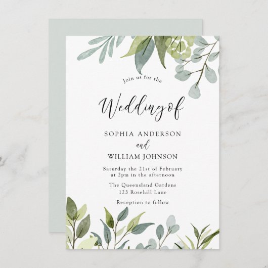 Greenery Waterverf Leaves Wedding Invitation Kaart (Voorkant / Achterkant)