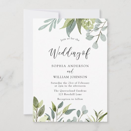 Greenery Waterverf Leaves Wedding Invitation Kaart (Voorkant)