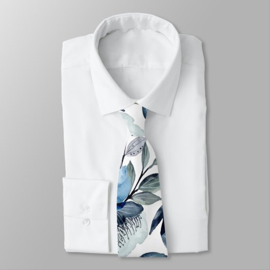 Greenery Waterverf Navy Blue Floral Patten Stropdas (Gebonden)