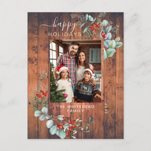 Greenery Waterverf Rustic Cherry Wood Feestdagenkaart (Voorkant)