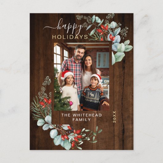 Greenery Waterverf Rustic Dark Wood Feestdagenkaart (Voorkant)