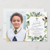 Greenery waterverf stoffig blauw jongetje communie kaart (Voorkant)