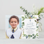 Greenery waterverf stoffig blauw jongetje communie kaart (Staand voorkant)