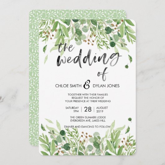 Greenery Waterverf Summer Wedding-uitnodiging Kaart (Voorkant / Achterkant)